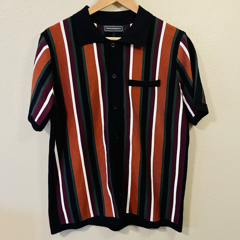 Sinransinya‎ Men's Knit Button Up Retro 70s Groovy Vertical Stripe  Multi Size M
